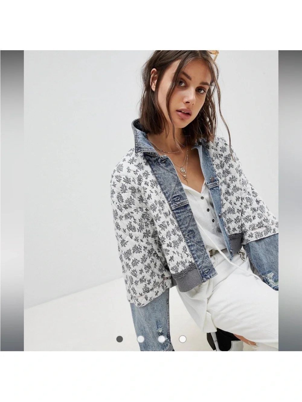 Free People Ditsy Denim Jacket Denim Combo size XS/S - Picture 2 of 11